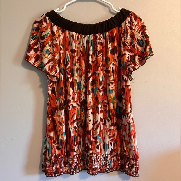 Y2K AB Studio Orange and Brown Floral Short Sleeve Blouse - Picture 3 of 4